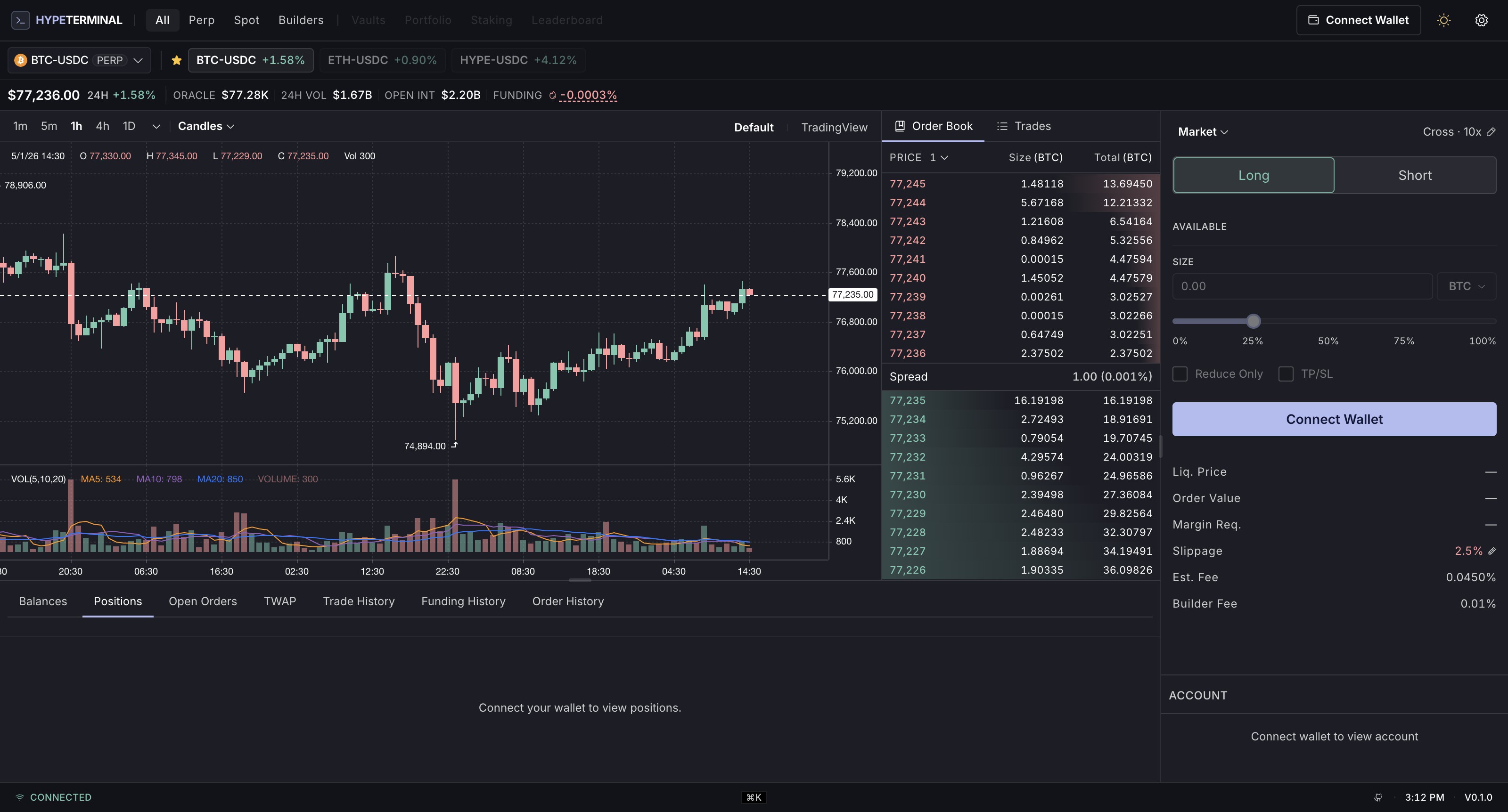 gatu trading interface showing BTC-USDC chart, order book, and trade panel
